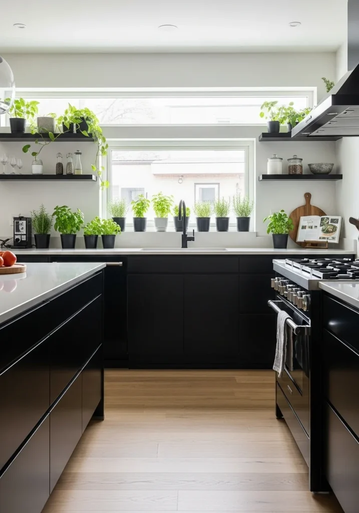 kitchen with black appliances and greenery fresh decor idea