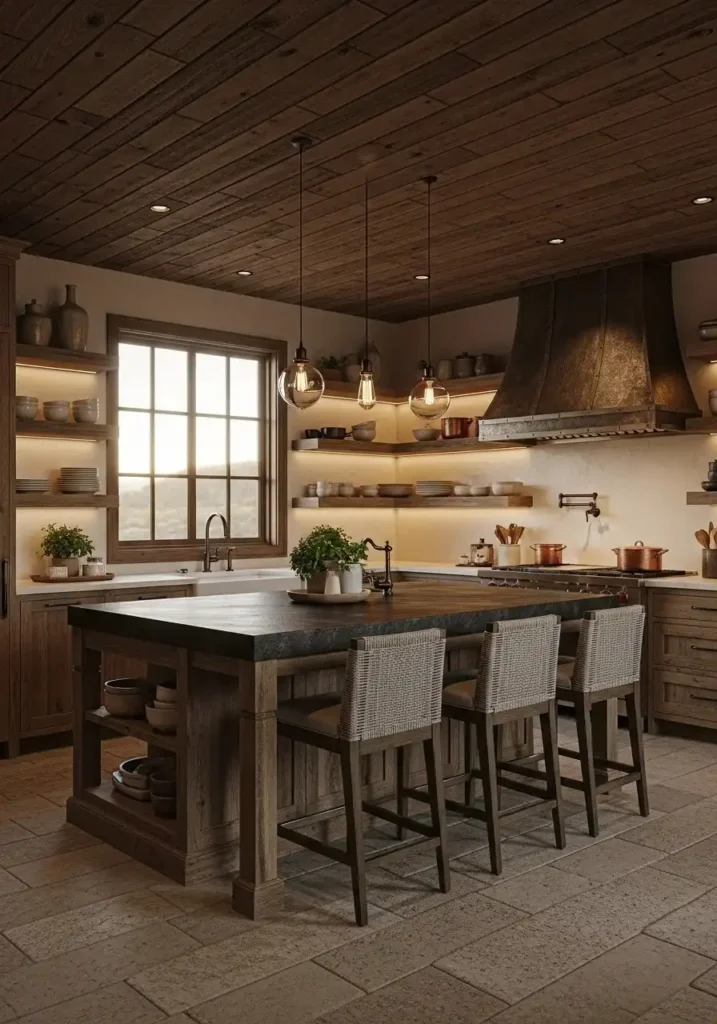 wood plank kitchen ceiling adding warmth and natural texture to interior