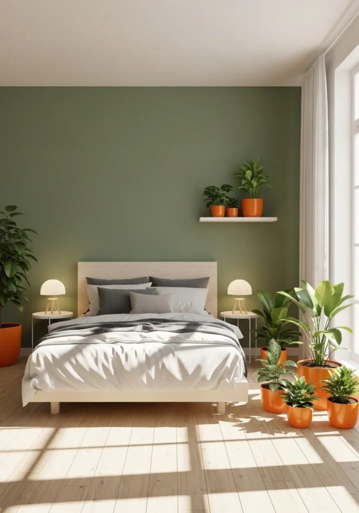 Bedroom with greenery in orange pots, blending natural green tones with bright orange accents.