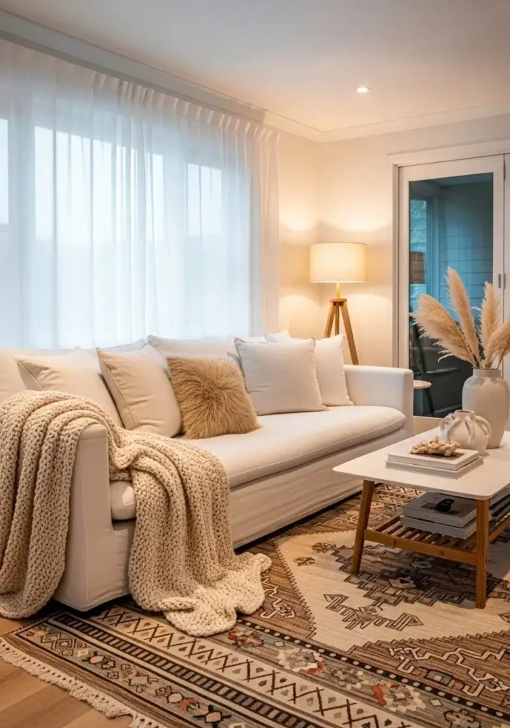Cozy white couch with layered textures including knit blanket and linen cushions