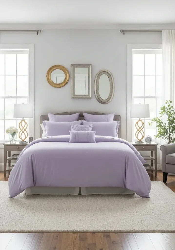 Lavender bedding styled with subtle metallic accents for a stylish and calming bedroom atmosphere