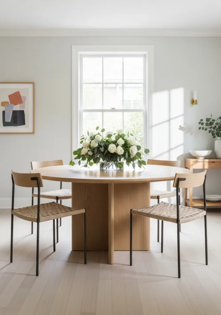 Round dining table with fresh floral centerpiece adding natural beauty and freshness