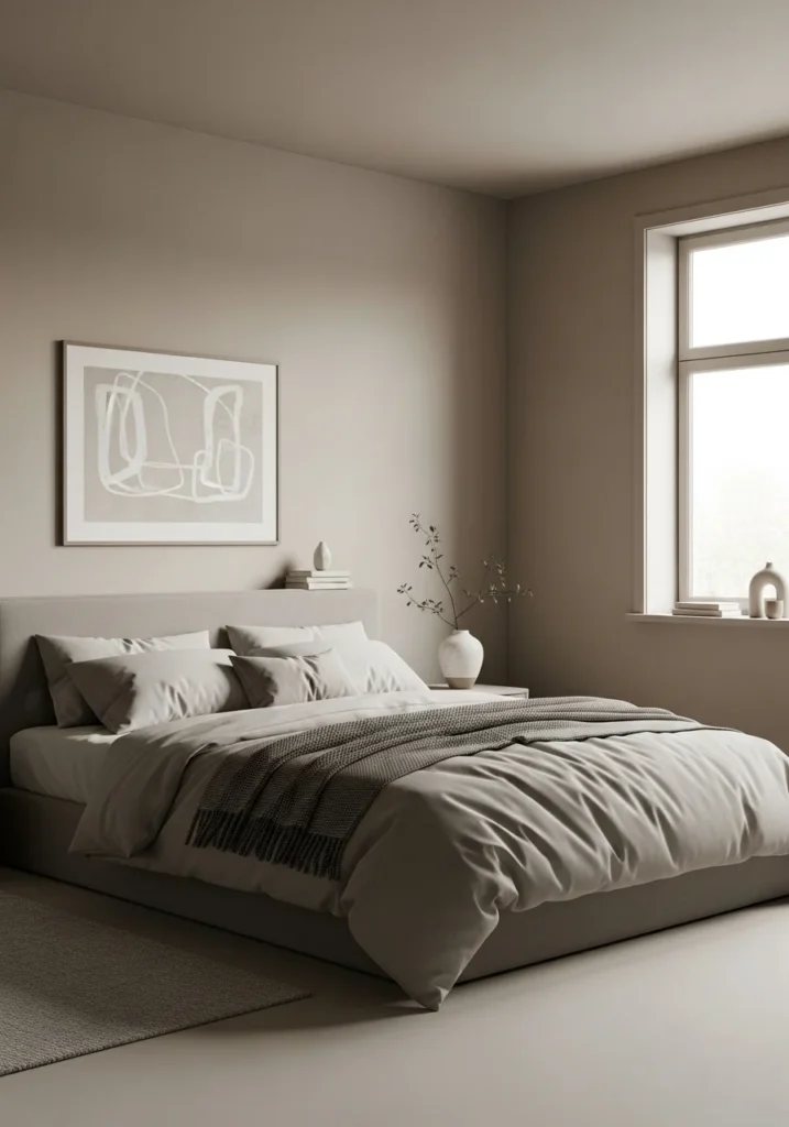 Minimal taupe bedroom with clean styling and soft calming neutral tones