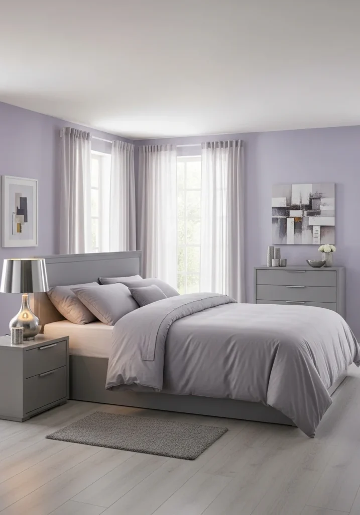 Soft lavender bedroom paired with grey furniture and bedding, accented with a silver lamp for a sophisticated, calming feel