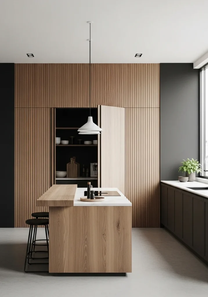 hidden pantry door black wall wood slats kitchen design