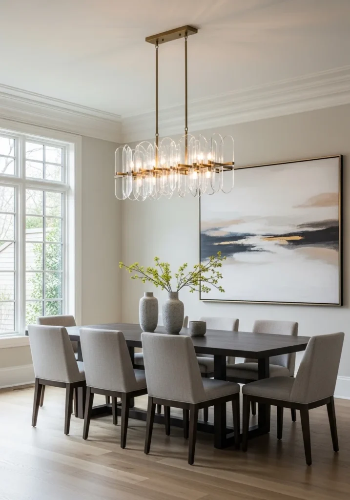 Dining room with modern chandelier adding elegance and sophistication