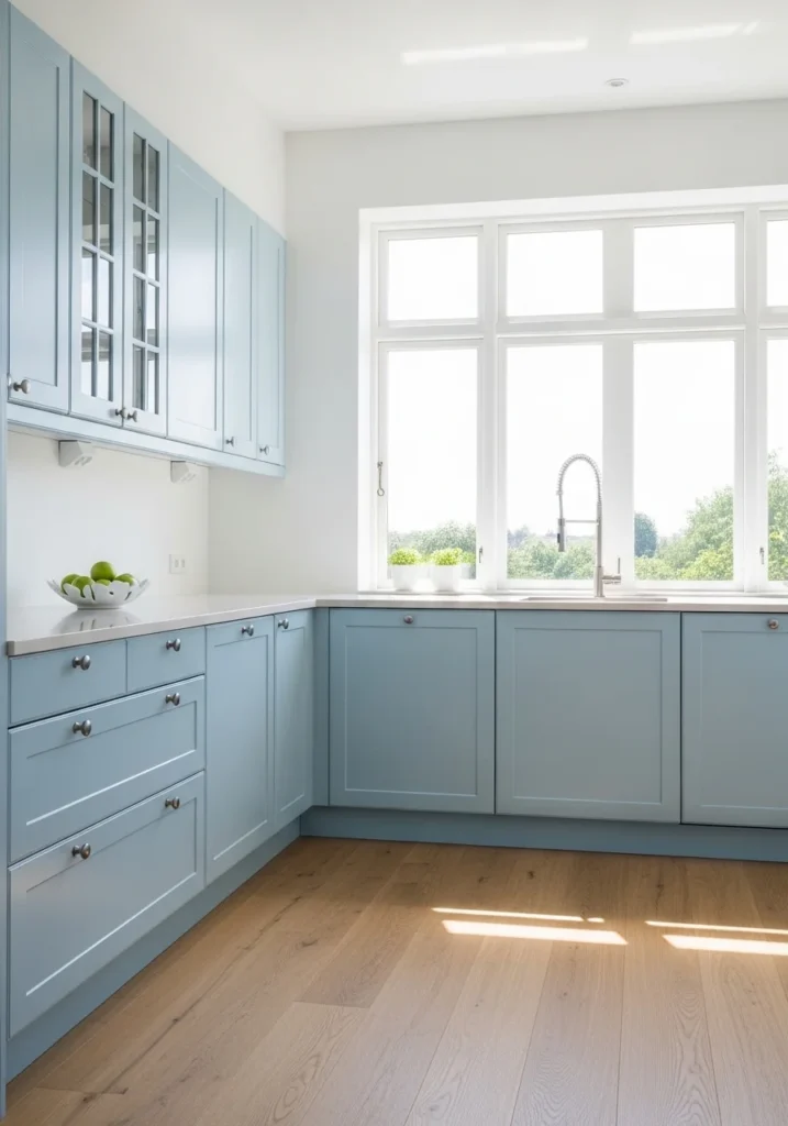 soft sky blue kitchen cabinets with white walls and light wood floors creating an airy bright kitchen