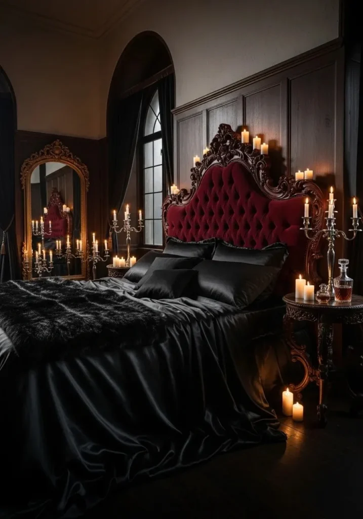 Velvet gothic bedroom with rich textures and soft candle-lit romantic atmosphere.