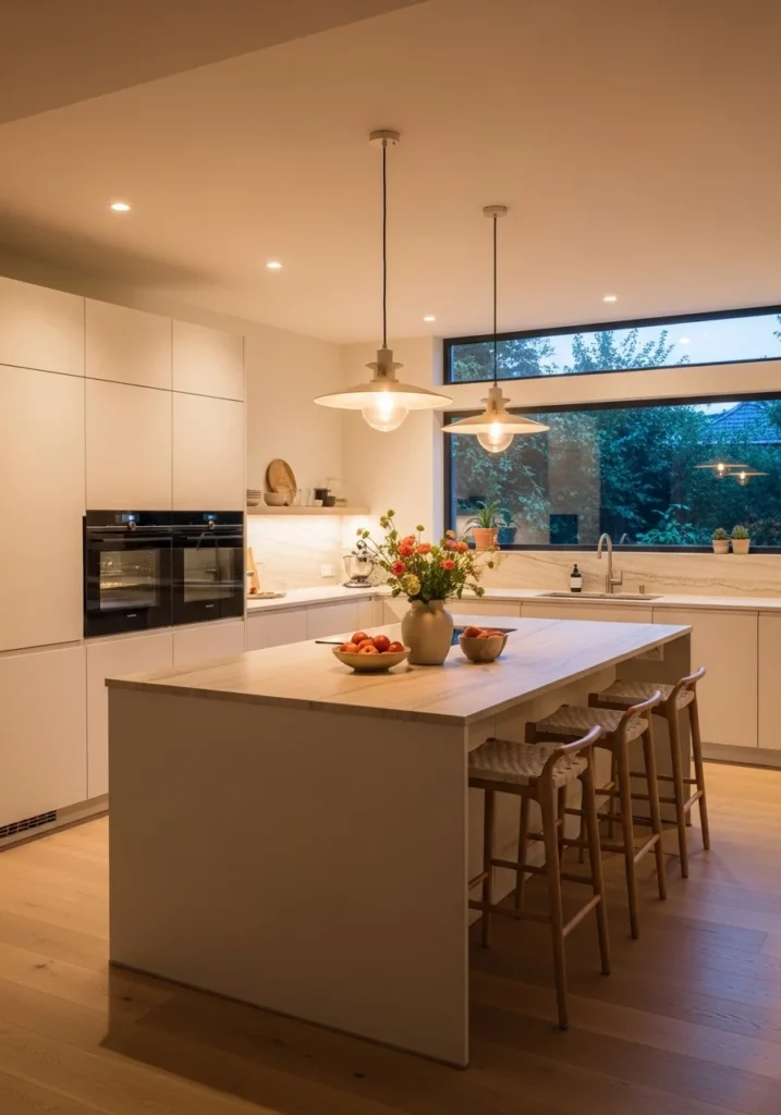 Neutral kitchen island with white oak cabinets in a modern kitchen