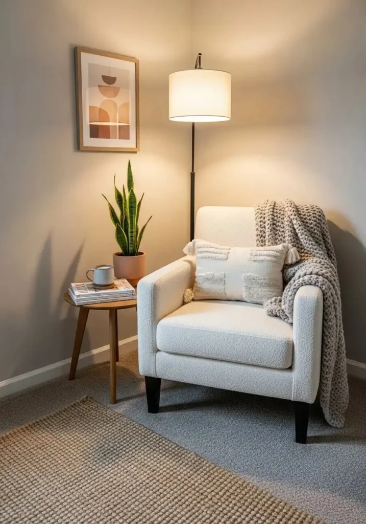 Multi-use bedroom corner styled with chair, lamp, and plant for a cozy functional space.