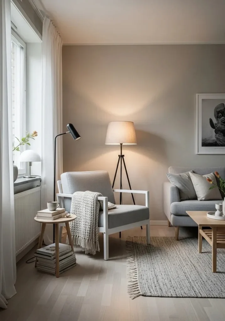 Cozy reading corner in Scandinavian living room