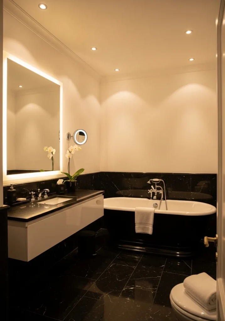 Warm lighting in black and white bathroom creating a cozy modern spa mood.