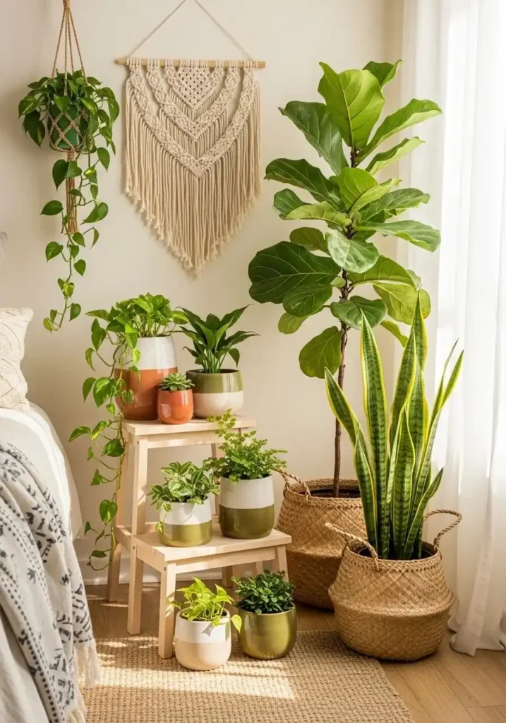 Green plant-filled bedroom corner creating a fresh indoor oasis with natural decor.