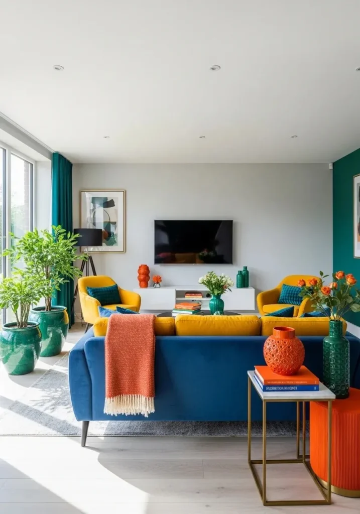Blue couch living room with bold accent colors like mustard and green stylish decor