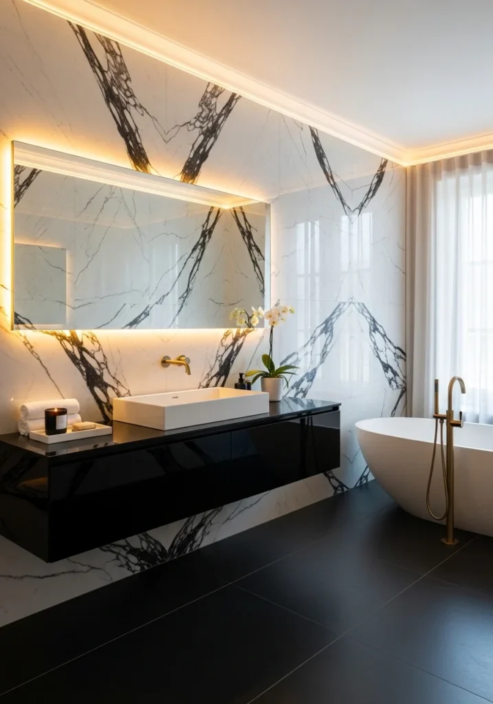 white marble bathroom with black veining creating timeless luxury style