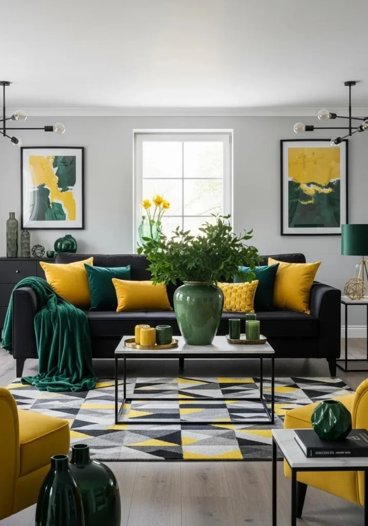 Black couch with bold accent colors adding personality and vibrance to the space