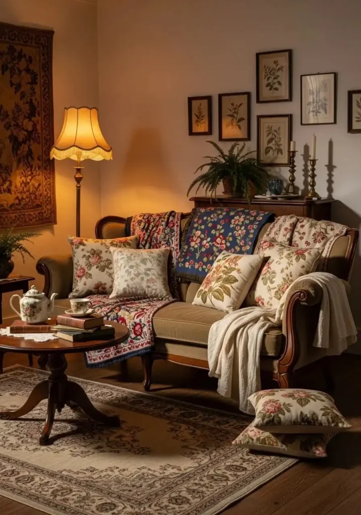 Floral and fabric layers adding softness to vintage living room