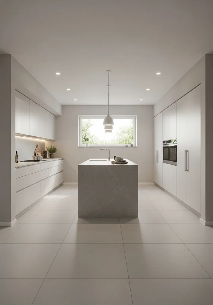 Kitchen with large format tiles making the small space feel bigger and more open