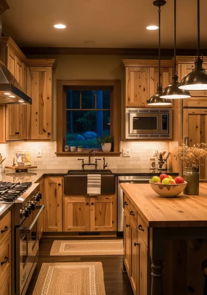 Warm lighting highlighting hickory cabinets for a cozy kitchen atmosphere