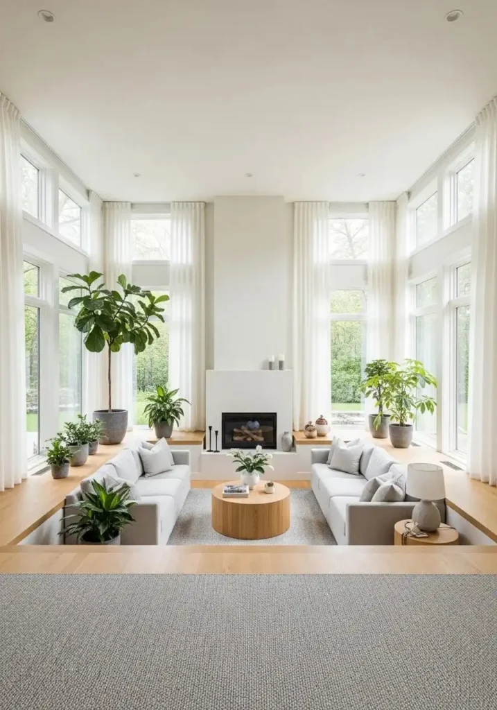 Sunken living room with large windows and bright natural light.