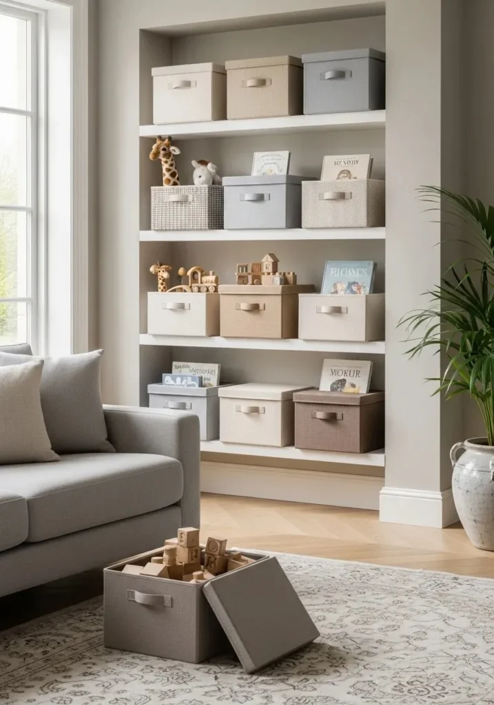 Lidded decorative boxes used to hide toys in living room.