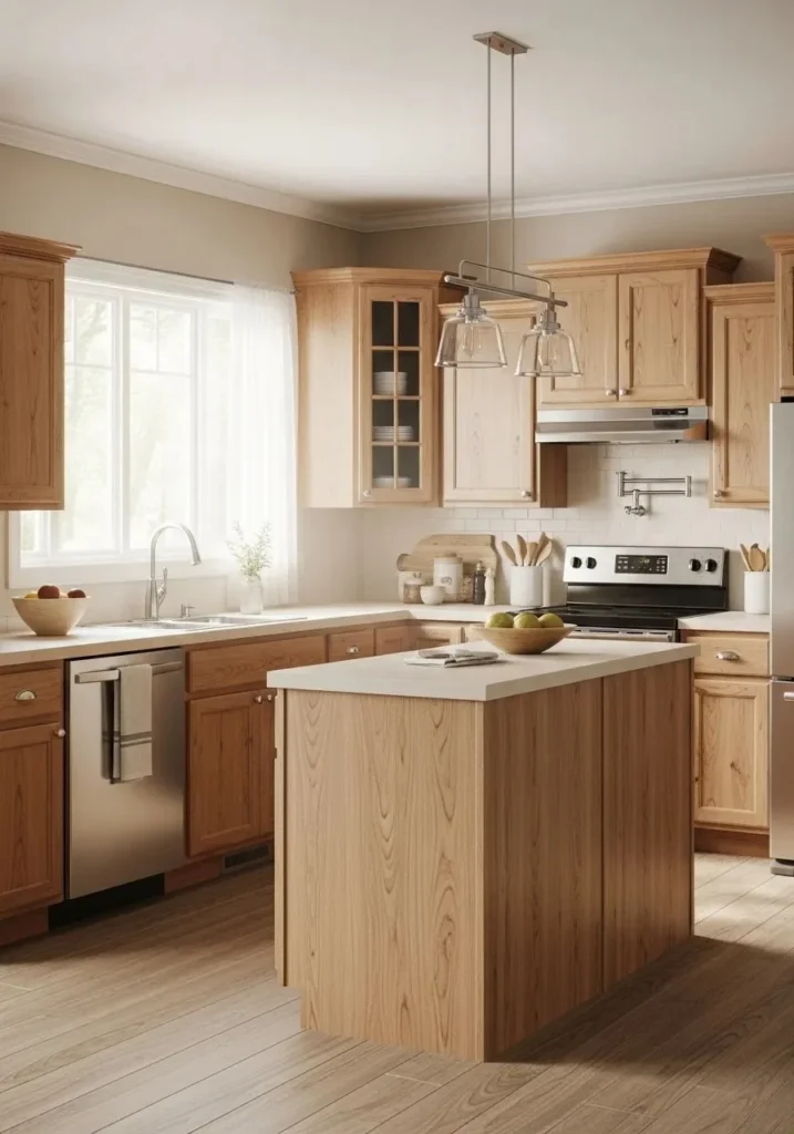Light hickory cabinets paired with neutral walls for a soft and cohesive kitchen