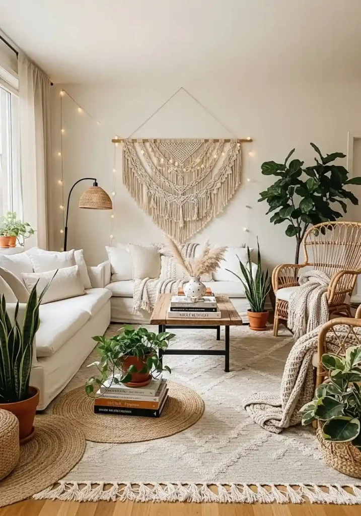 Macramé wall hanging adds vertical texture and a handcrafted touch to a boho living room
