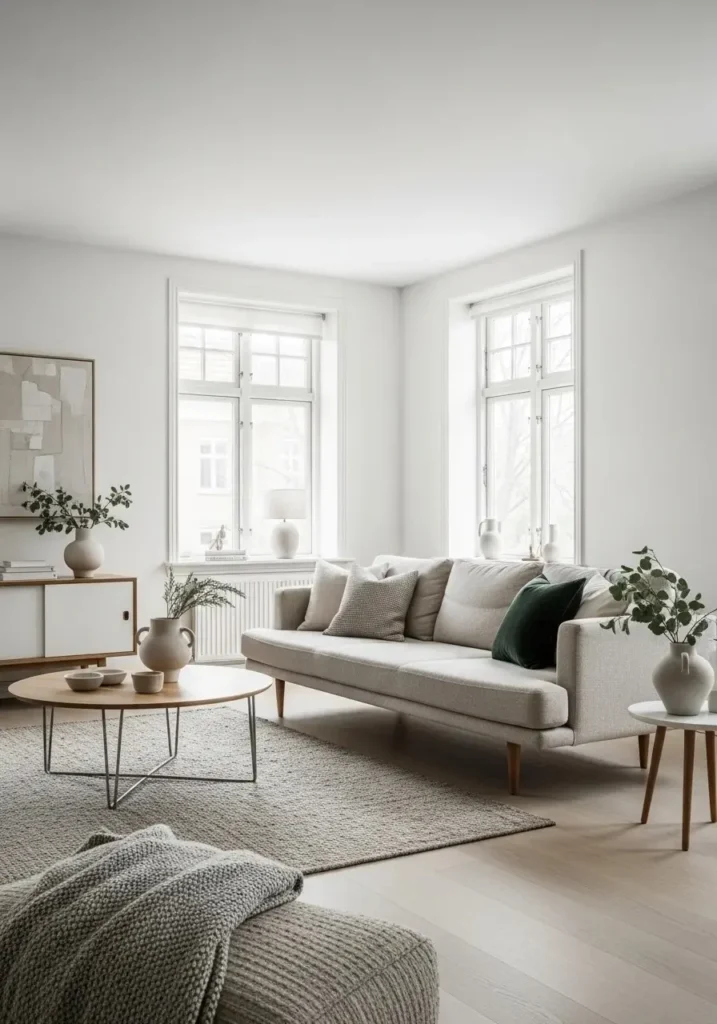 Low-profile sofa in a mid century modern living room with neutral tones and wooden legs