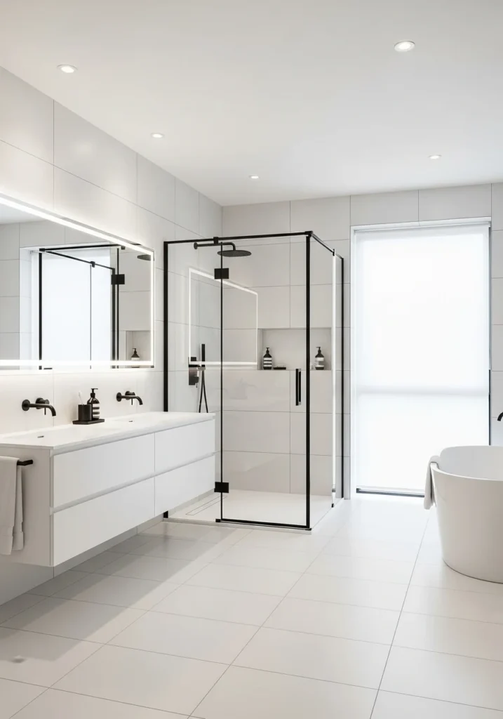 black framed glass shower in white bathroom creating modern architectural style
