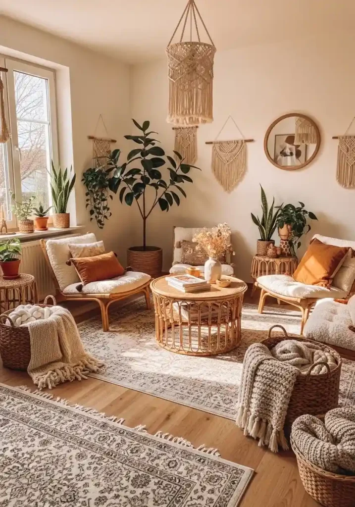 Woven baskets provide functional storage while adding texture to a boho living room