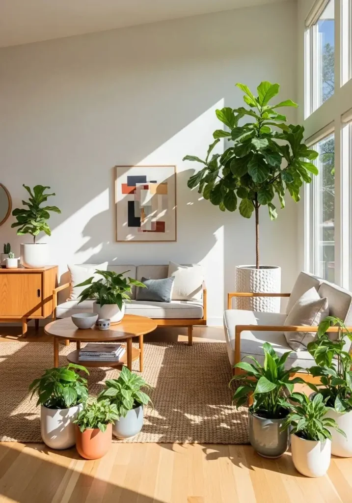 Indoor plants adding life to a mid century modern living room