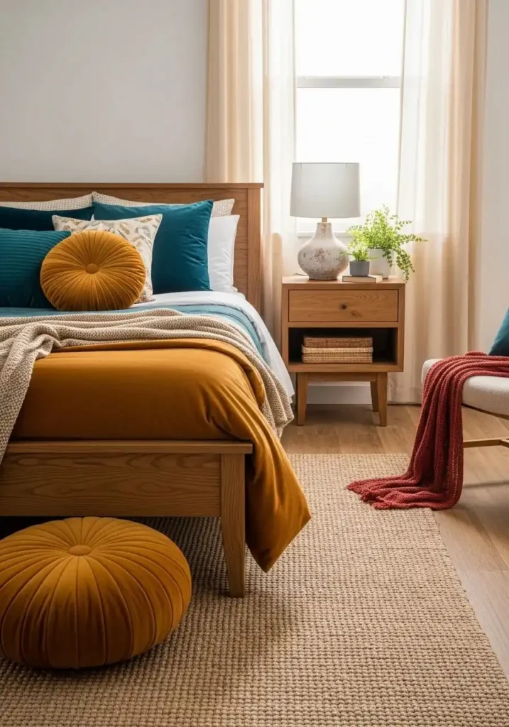 Layered textures in black and brown creating a rich and inviting bedroom