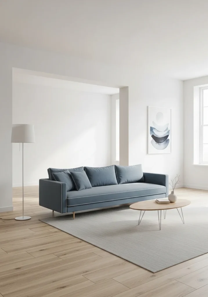 Minimal modern blue couch living room with clean design and simple elegant decor