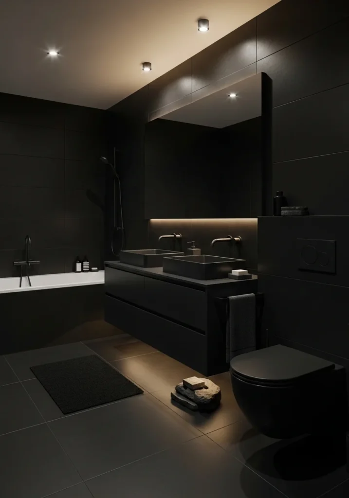 Minimalist all black bathroom with sleek modern design