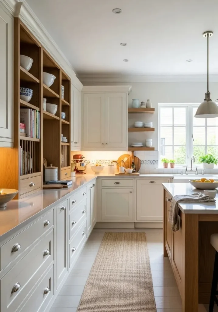 Kitchen with two-tone cabinets combining cream paint and wood accents, creating a modern yet warm and inviting atmosphere.