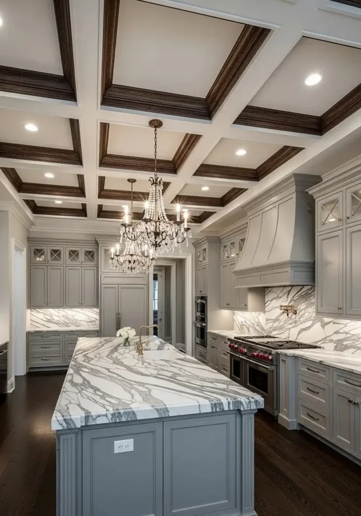 coffered kitchen ceiling with elegant grid design adding depth and luxury