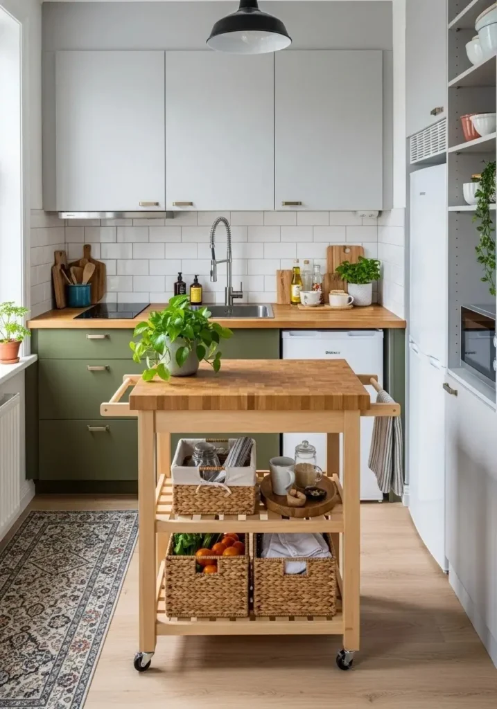 Small kitchen with a rolling cart providing extra storage and workspace