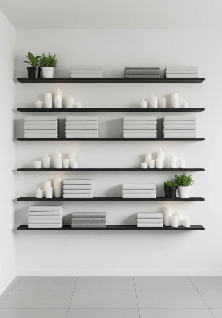 floating black shelves in white bathroom adding storage and contrast