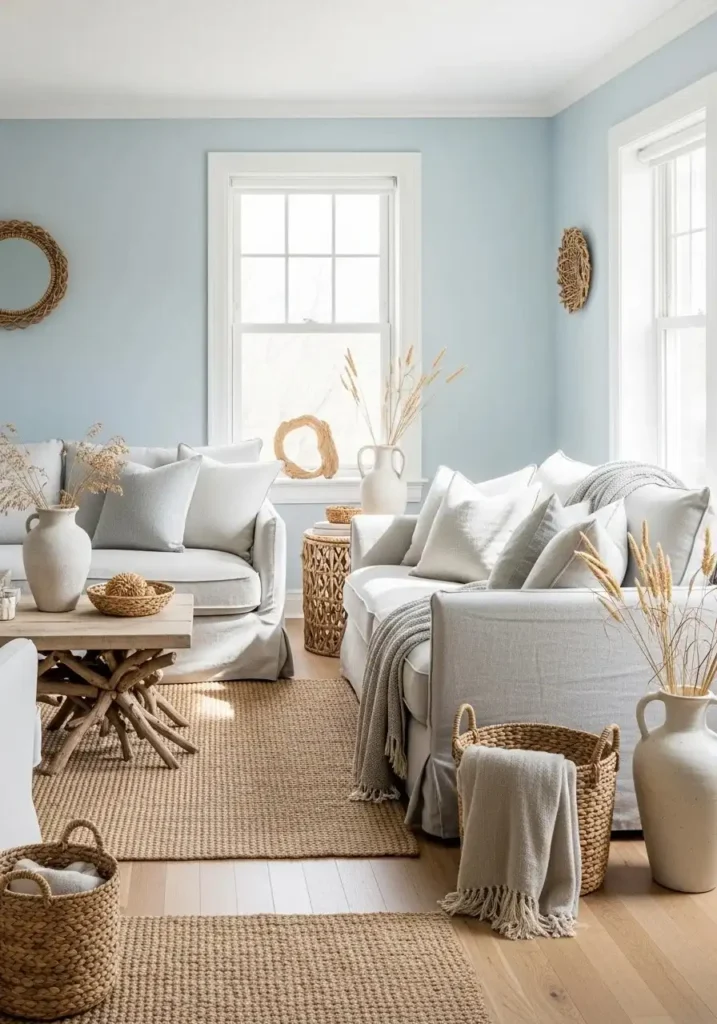 Light blue living room with white accents creating a calm and airy space.