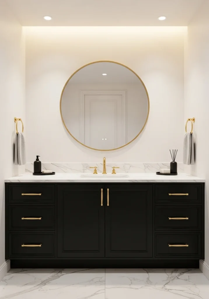 Black bathroom vanity with marble top and gold accents