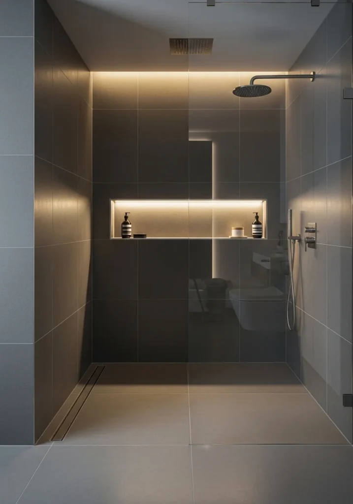 Large format tiles in modern shower creating a clean and seamless bathroom design