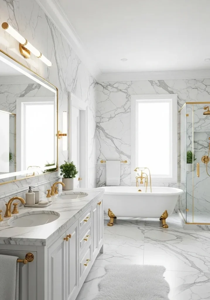 white marble bathroom with gray veining creating a subtle luxury look