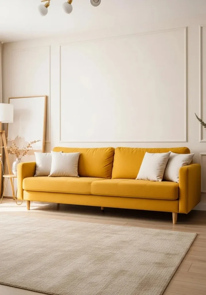 Yellow couch living room with soft neutral decor, cream walls, beige rug, and warm minimalist cozy interior style
