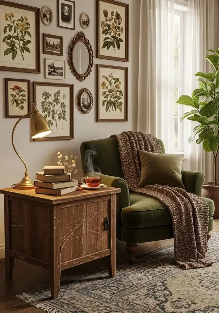Vintage side table adding character and charm to living room.