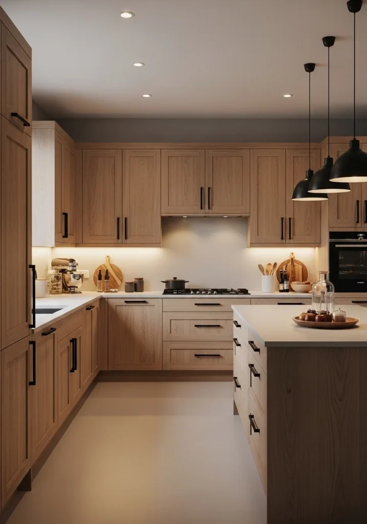 Hickory cabinets with black hardware for a modern and stylish contrast