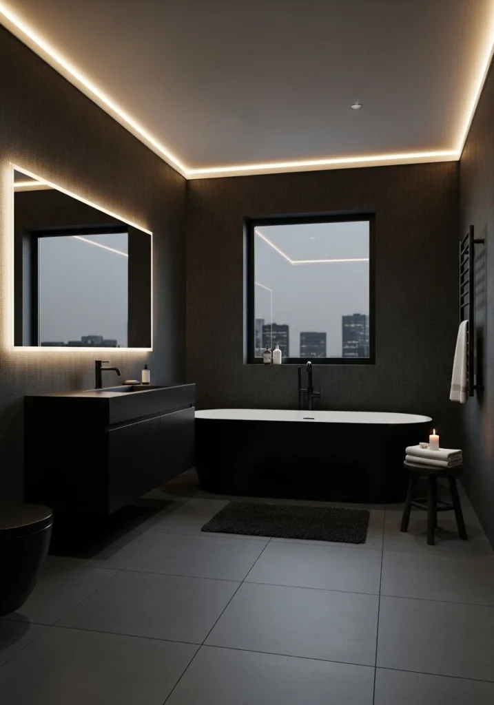 dark moody bathroom wallpaper in charcoal tones creating a luxurious cozy vibe