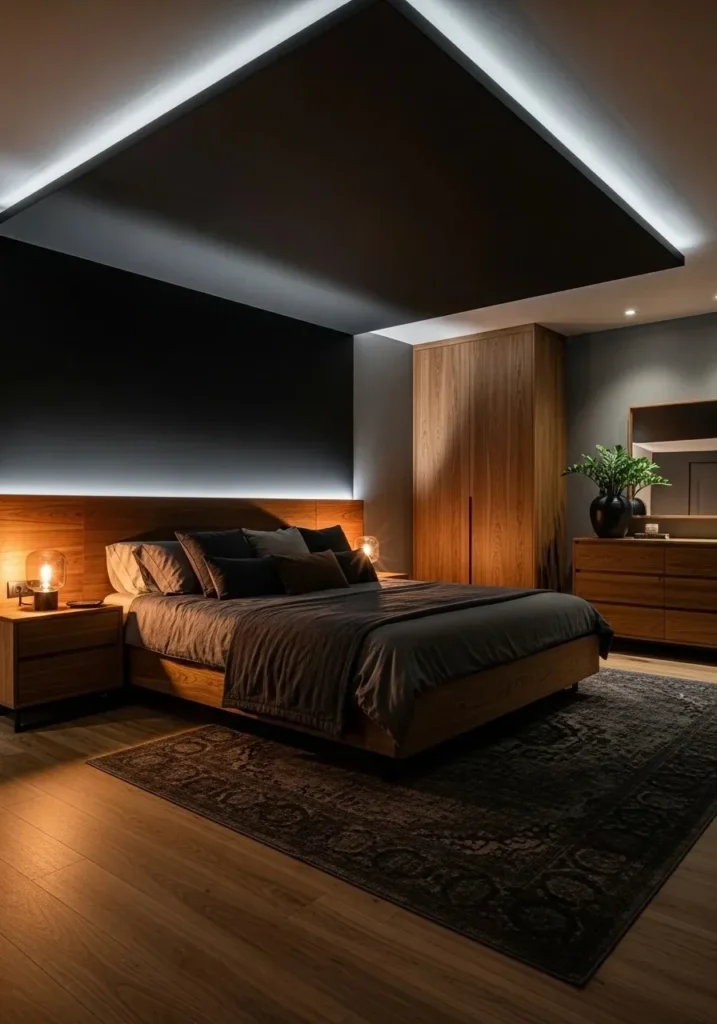 Black ceiling with brown elements creating a bold and cozy bedroom design