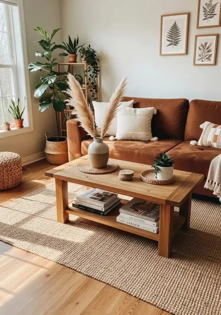 brown couch with wooden coffee table creating warm natural look