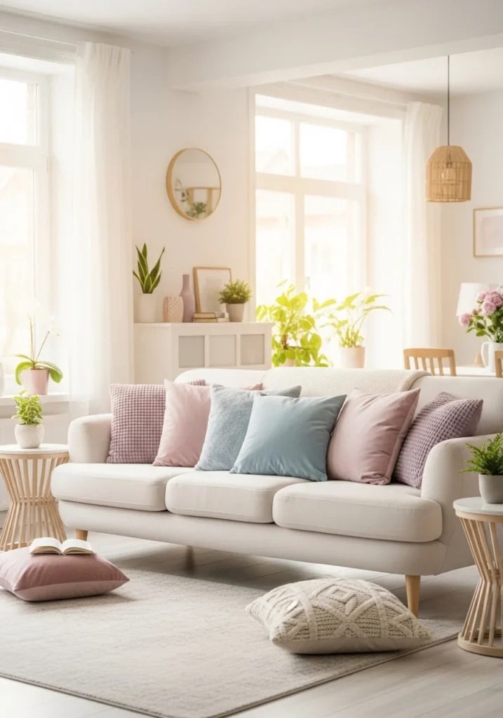 White couch living room with soft pastel pink and blue decorative cushions