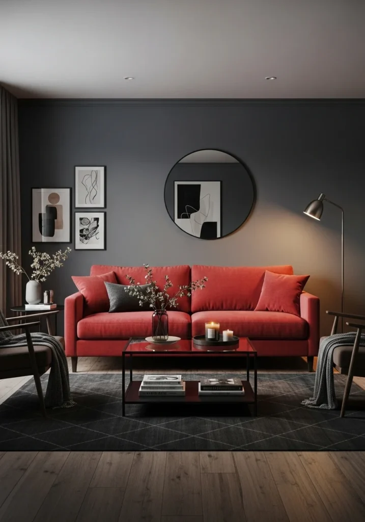 Dark rug grounding a bold red couch in modern living room